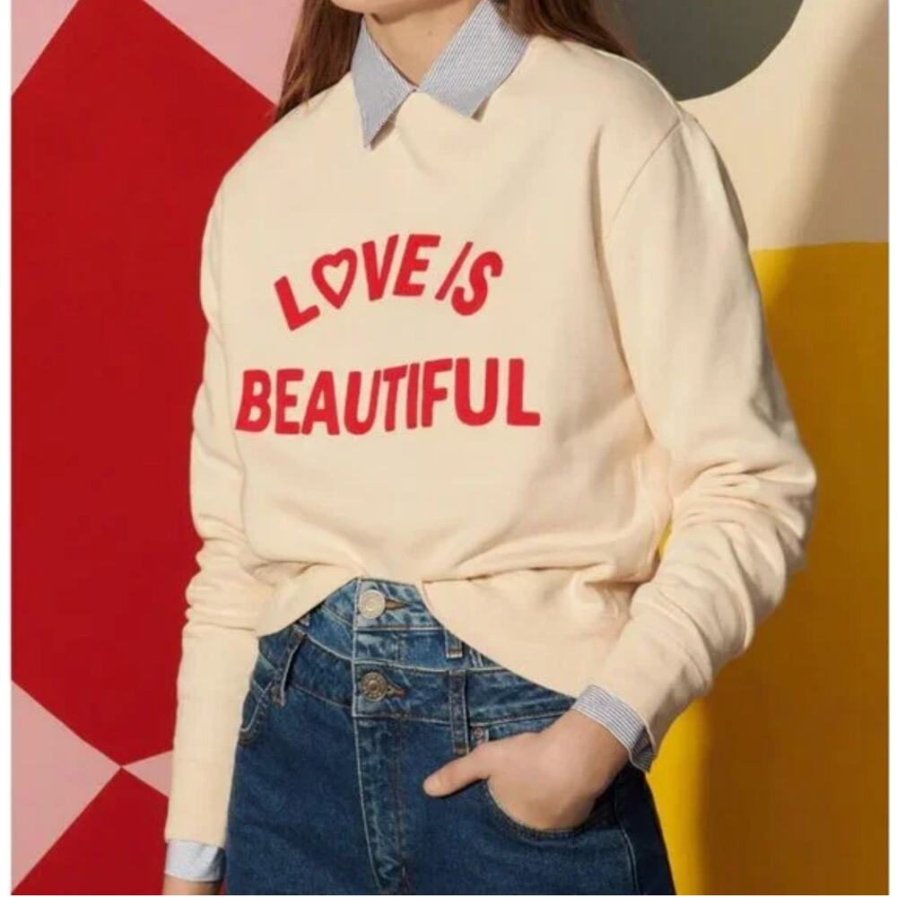 Sandro Cream Sweatshirt with Red 'LOVE IS BEAUTIFUL' Graphic